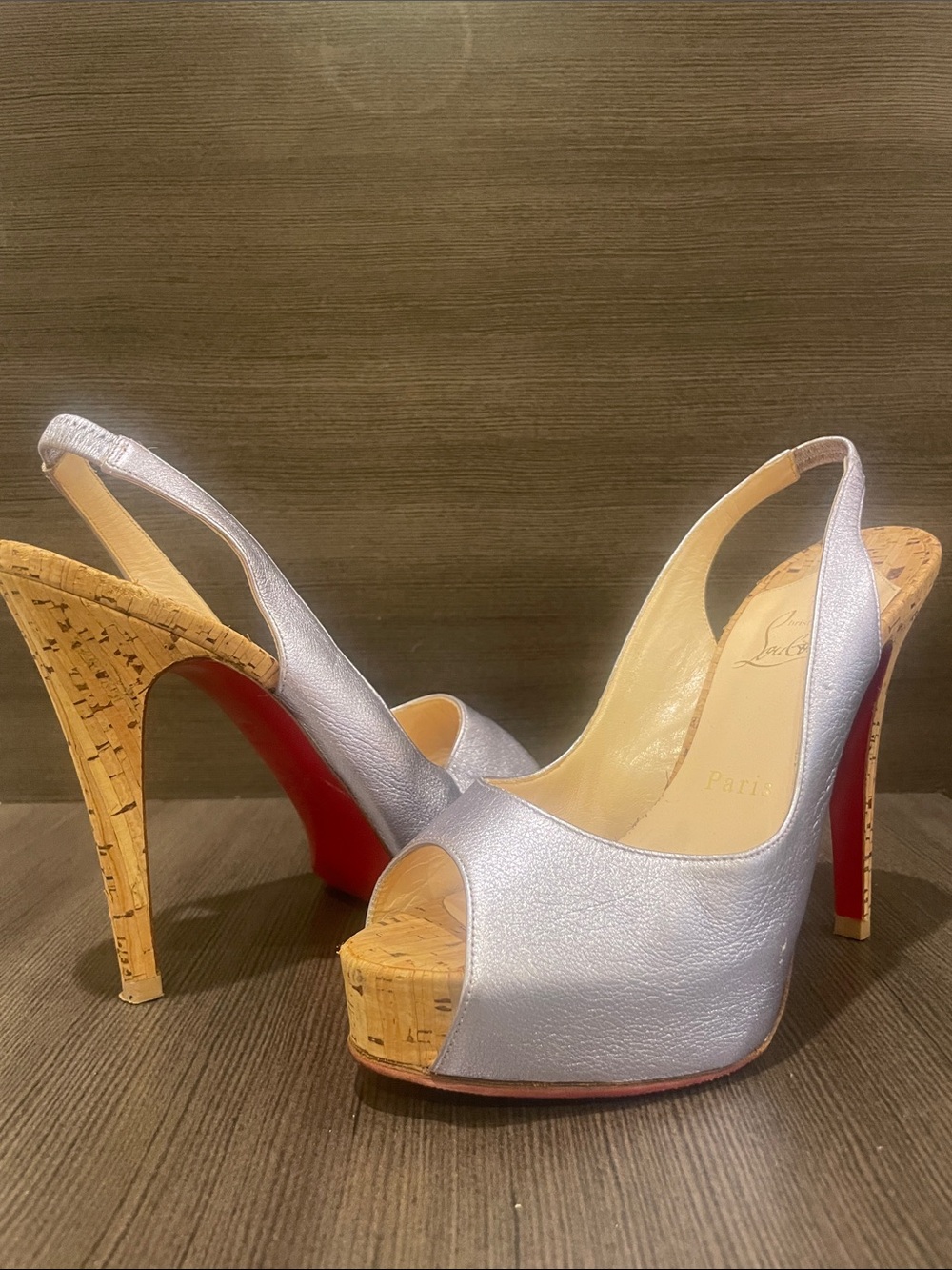 Christian Louboutin Silver Peep-Toe Cork Platform Slingbacks